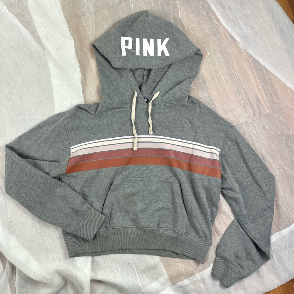 VS PINK Gray Striped Pullover Crop Hoodie Sweatshirt Logo Women’s XS Gorpcore
